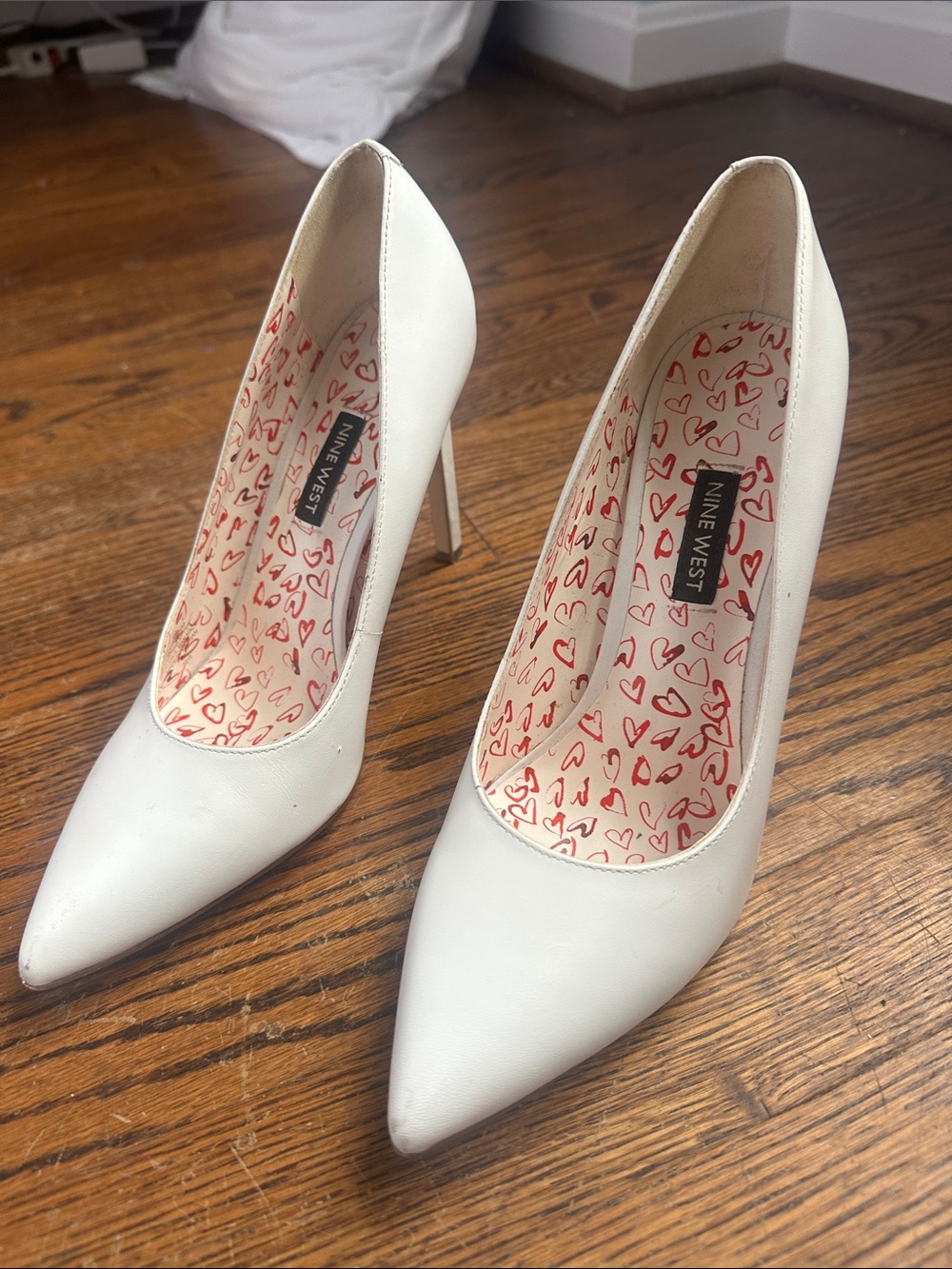 Nine West White Pointed Toe Stiletto Heels with Heart-Print Lining